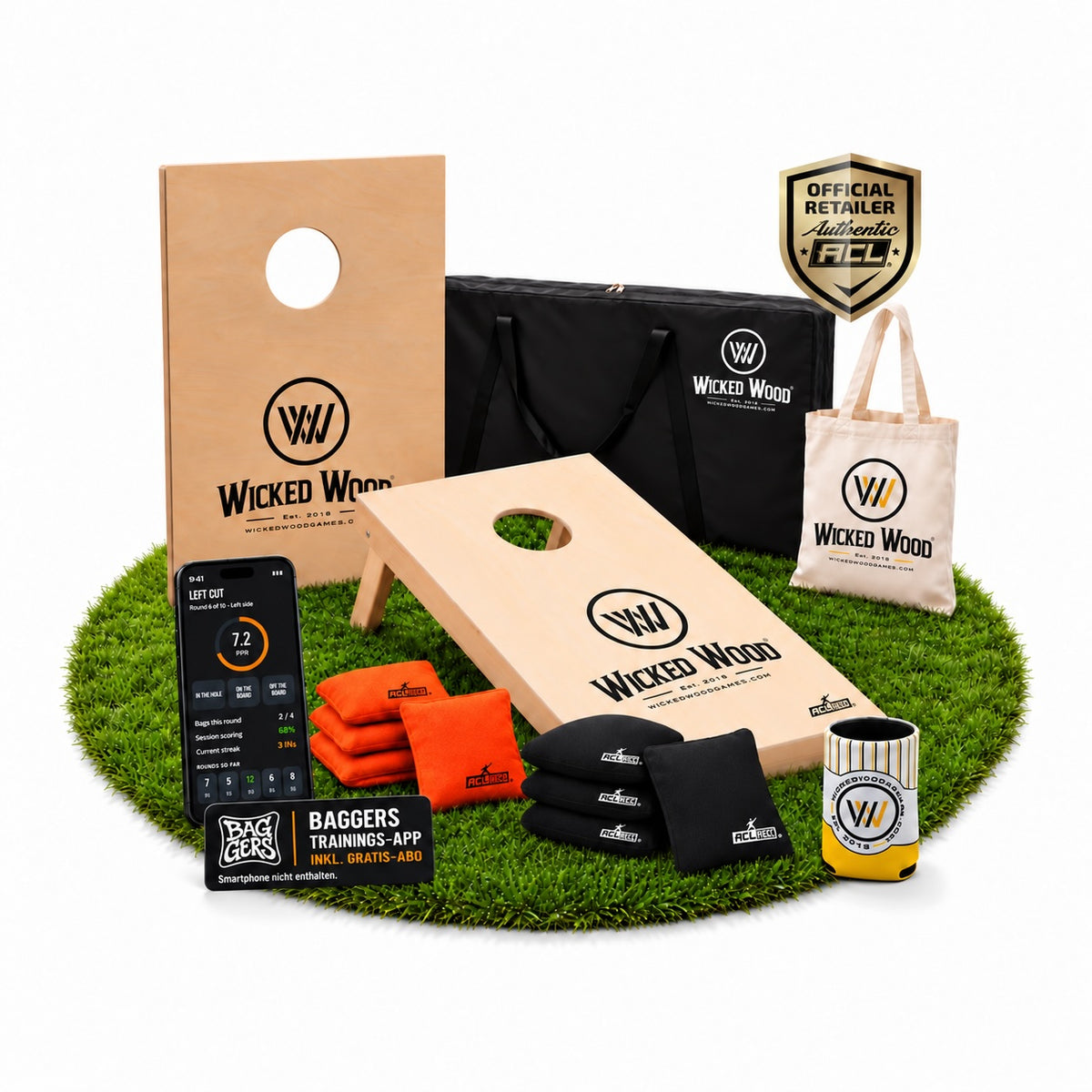 Cornhole Starter Bundle 90x60 – Tableros lacados, bolsa de transporte, tote bag y koozie – Wicked Wood Games