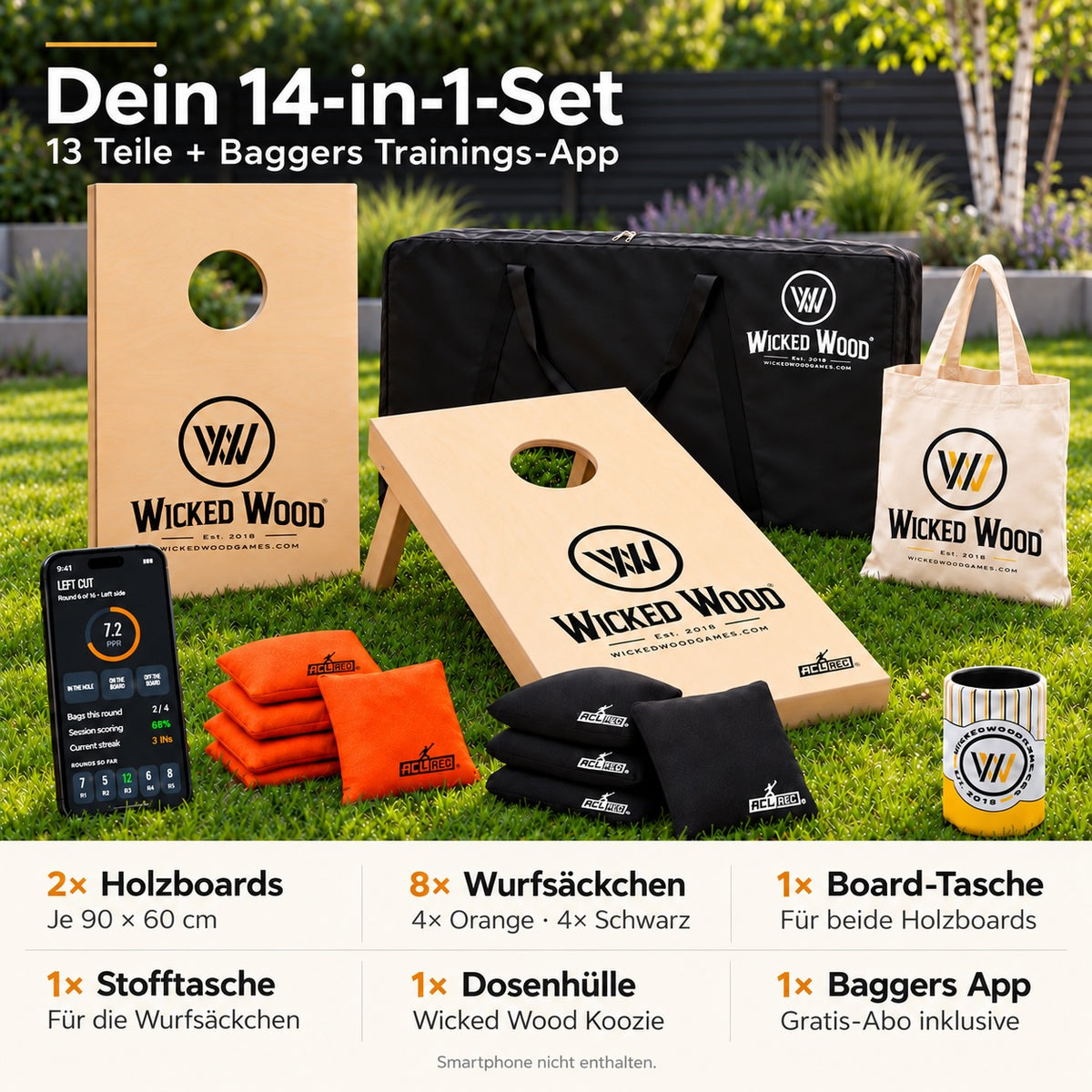Cornhole Starter Bundle 90x60 – Tableros lacados, bolsa de transporte, tote bag y koozie – Wicked Wood Games
