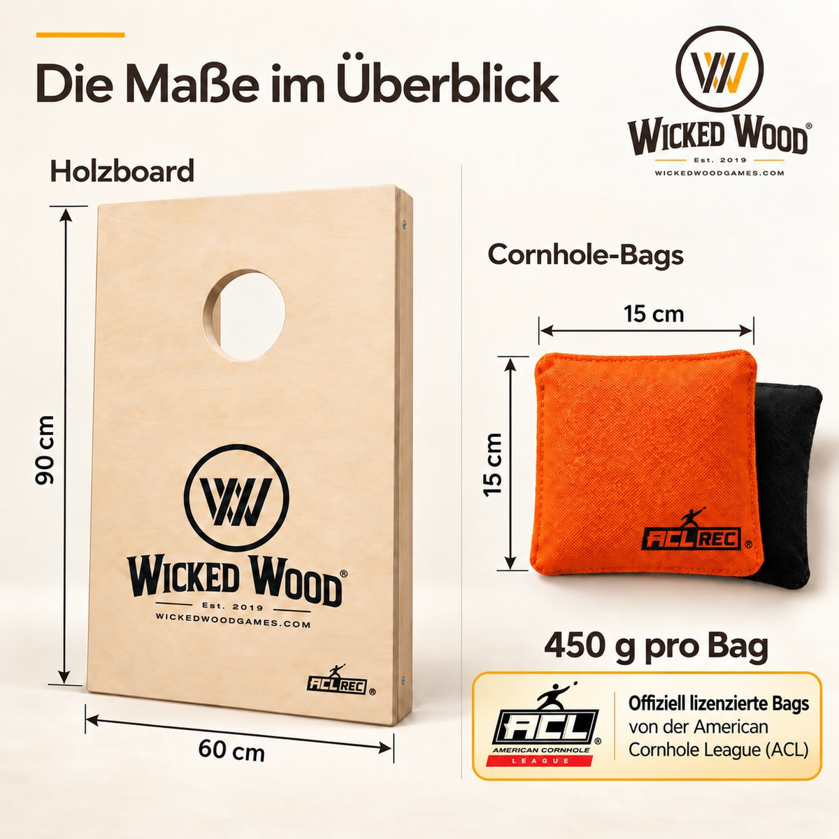 Cornhole Starter Bundle 90x60 – Tableros lacados, bolsa de transporte, tote bag y koozie – Wicked Wood Games