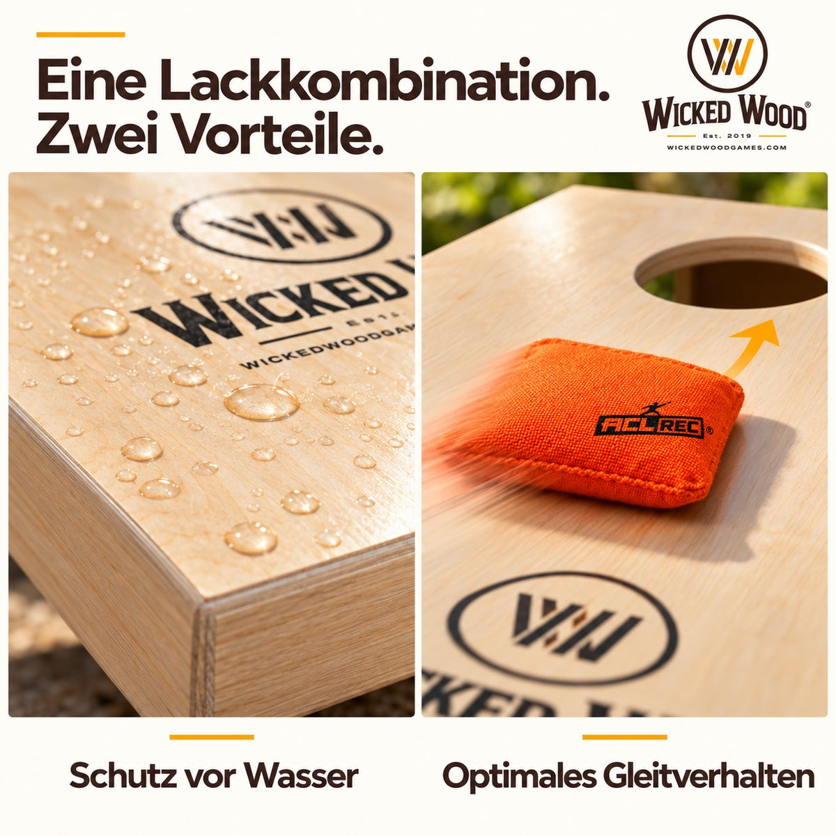 Cornhole Starter Bundle 90x60 – Tableros lacados, bolsa de transporte, tote bag y koozie – Wicked Wood Games
